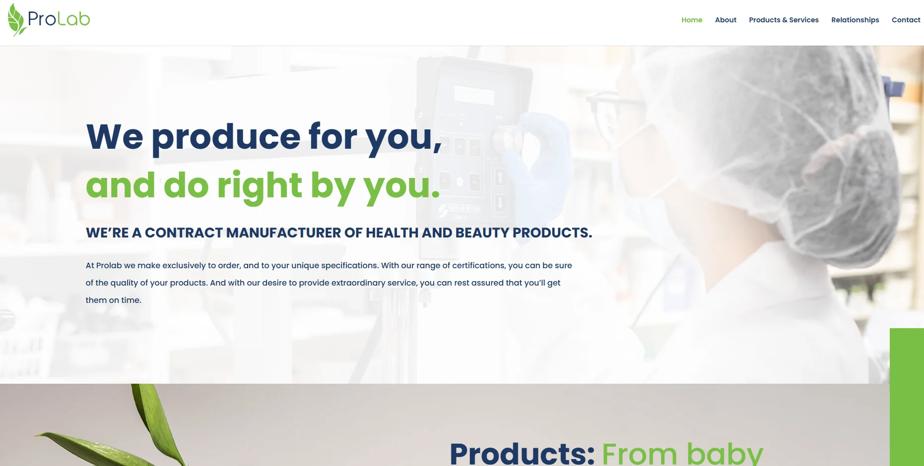 ProLab homepage highlighting health and beauty product manufacturing with text about custom orders and certifications.